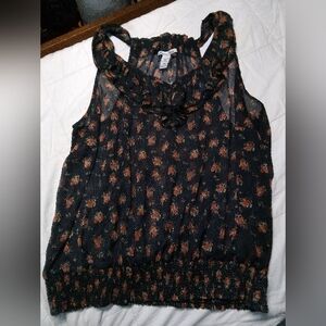 American Rag Floral Ruffle Blouse - Navy and Orange